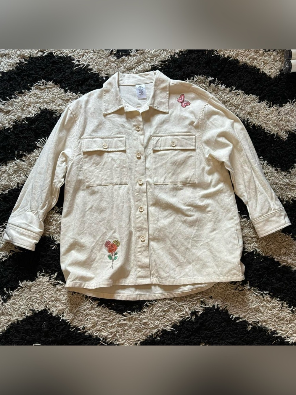 Disney Grow Happiness Floral Embroidered Cream Button Up Long Sleeve Shirt Large